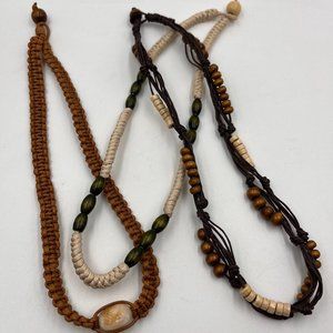 3 Leather and wooden Bead Rope Necklaces